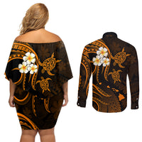 Hawaii Couples Off Shoulder Short Dress and Long Sleeve Button Shirts Niihau Islands Polynesian Sunset Plumeria Gold Vibe LT9 - Wonder Print Shop