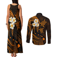 Hawaii Couples Matching Tank Maxi Dress and Long Sleeve Button Shirts Niihau Islands Polynesian Sunset Plumeria Gold Vibe LT9 - Wonder Print Shop