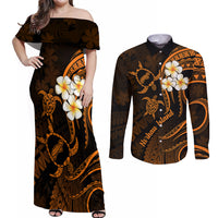 Hawaii Couples Off Shoulder Maxi Dress and Long Sleeve Button Shirts Niihau Islands Polynesian Sunset Plumeria Gold Vibe LT9 - Wonder Print Shop