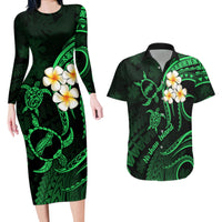 Hawaii Couples Long Sleeve Bodycon Dress and Hawaiian Shirt Niihau Islands Polynesian Sunset Plumeria Green Vibe LT9 - Wonder Print Shop