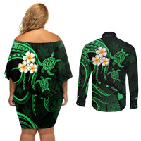 Hawaii Couples Off Shoulder Short Dress and Long Sleeve Button Shirts Niihau Islands Polynesian Sunset Plumeria Green Vibe LT9 - Wonder Print Shop