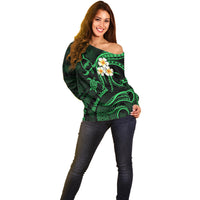 Hawaii Off Shoulder Sweater Niihau Islands Polynesian Sunset Plumeria Green Vibe - Wonder Print Shop