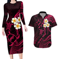 Hawaii Couples Long Sleeve Bodycon Dress and Hawaiian Shirt Niihau Islands Polynesian Sunset Plumeria Pink Vibe LT9 - Wonder Print Shop