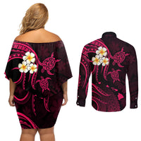 Hawaii Couples Off Shoulder Short Dress and Long Sleeve Button Shirts Niihau Islands Polynesian Sunset Plumeria Pink Vibe LT9 - Wonder Print Shop