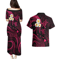 Hawaii Couples Puletasi Dress and Hawaiian Shirt Niihau Islands Polynesian Sunset Plumeria Pink Vibe LT9 - Wonder Print Shop