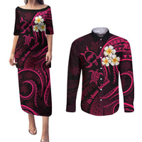 Hawaii Couples Puletasi Dress and Long Sleeve Button Shirts Niihau Islands Polynesian Sunset Plumeria Pink Vibe LT9 - Wonder Print Shop