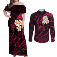 Hawaii Couples Off Shoulder Maxi Dress and Long Sleeve Button Shirts Niihau Islands Polynesian Sunset Plumeria Pink Vibe LT9 - Wonder Print Shop