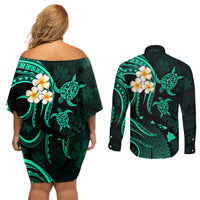 Polynesian Hawaii Couples Off Shoulder Short Dress and Long Sleeve Button Shirts Niihau Islands with Pacific Plumeria Turquoise Vibe LT9 - Wonder Print Shop