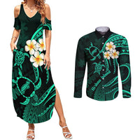 Polynesian Hawaii Couples Summer Maxi Dress and Long Sleeve Button Shirts Niihau Islands with Pacific Plumeria Turquoise Vibe LT9 - Wonder Print Shop
