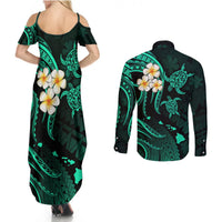 Polynesian Hawaii Couples Summer Maxi Dress and Long Sleeve Button Shirts Niihau Islands with Pacific Plumeria Turquoise Vibe LT9 - Wonder Print Shop