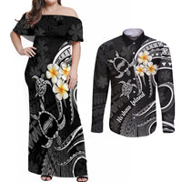 Polynesian Hawaii Couples Off Shoulder Maxi Dress and Long Sleeve Button Shirts Niihau Islands with Pacific Plumeria White Vibe LT9 - Wonder Print Shop