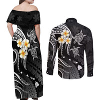 Polynesian Hawaii Couples Off Shoulder Maxi Dress and Long Sleeve Button Shirts Niihau Islands with Pacific Plumeria White Vibe LT9 - Wonder Print Shop