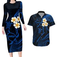 Hawaii Couples Long Sleeve Bodycon Dress and Hawaiian Shirt Molokai Islands Polynesian Sunset Plumeria Blue Vibe LT9 - Wonder Print Shop