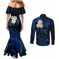 hawaii-couples-mermaid-dress-and-long-sleeve-button-shirts-molokai-islands-polynesian-sunset-plumeria-blue-vibe