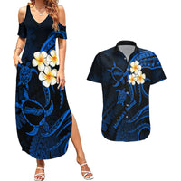 Hawaii Couples Summer Maxi Dress and Hawaiian Shirt Molokai Islands Polynesian Sunset Plumeria Blue Vibe LT9 - Wonder Print Shop