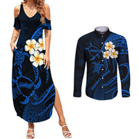 Hawaii Couples Summer Maxi Dress and Long Sleeve Button Shirts Molokai Islands Polynesian Sunset Plumeria Blue Vibe LT9 - Wonder Print Shop