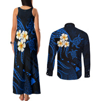 Hawaii Couples Matching Tank Maxi Dress and Long Sleeve Button Shirts Molokai Islands Polynesian Sunset Plumeria Blue Vibe LT9 - Wonder Print Shop