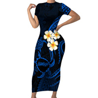 Hawaii Short Sleeve Bodycon Dress Molokai Islands Polynesian Sunset Plumeria Blue Vibe - Wonder Print Shop