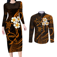 Hawaii Couples Long Sleeve Bodycon Dress and Long Sleeve Button Shirts Molokai Islands Polynesian Sunset Plumeria Gold Vibe LT9 - Wonder Print Shop