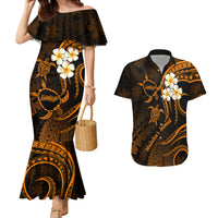 Hawaii Couples Mermaid Dress And Hawaiian Shirt Molokai Islands Polynesian Sunset Plumeria Gold Vibe LT9 - Wonder Print Shop