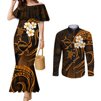 hawaii-couples-mermaid-dress-and-long-sleeve-button-shirts-molokai-islands-polynesian-sunset-plumeria-gold-vibe