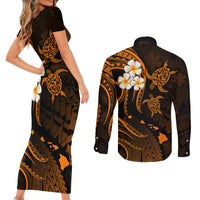 Hawaii Couples Short Sleeve Bodycon Dress and Long Sleeve Button Shirts Molokai Islands Polynesian Sunset Plumeria Gold Vibe LT9 - Wonder Print Shop