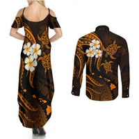 Hawaii Couples Summer Maxi Dress and Long Sleeve Button Shirts Molokai Islands Polynesian Sunset Plumeria Gold Vibe LT9 - Wonder Print Shop