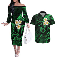 Hawaii Couples Off The Shoulder Long Sleeve Dress and Hawaiian Shirt Molokai Islands Polynesian Sunset Plumeria Green Vibe LT9 - Wonder Print Shop
