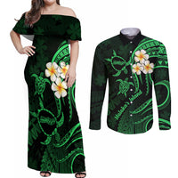 Hawaii Couples Off Shoulder Maxi Dress and Long Sleeve Button Shirts Molokai Islands Polynesian Sunset Plumeria Green Vibe LT9 - Wonder Print Shop