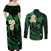 Hawaii Couples Off Shoulder Maxi Dress and Long Sleeve Button Shirts Molokai Islands Polynesian Sunset Plumeria Green Vibe LT9 - Wonder Print Shop