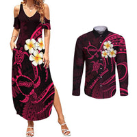 Hawaii Couples Summer Maxi Dress and Long Sleeve Button Shirts Molokai Islands Polynesian Sunset Plumeria Pink Vibe LT9 - Wonder Print Shop