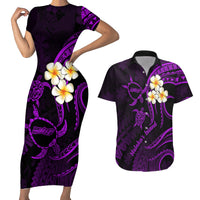 Polynesian Hawaii Couples Short Sleeve Bodycon Dress and Hawaiian Shirt Molokai Islands with Pacific Plumeria Purple Vibe LT9 - Wonder Print Shop