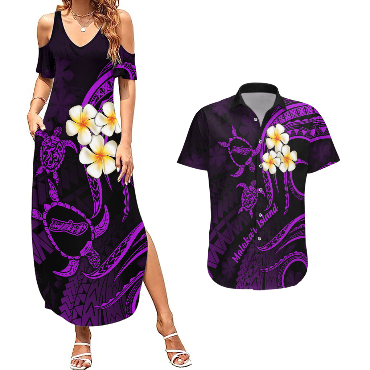 polynesian-hawaii-couples-summer-maxi-dress-and-hawaiian-shirt-molokai-islands-with-pacific-plumeria-purple-vibe