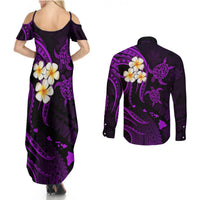 Polynesian Hawaii Couples Summer Maxi Dress and Long Sleeve Button Shirts Molokai Islands with Pacific Plumeria Purple Vibe LT9 - Wonder Print Shop