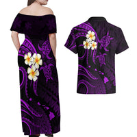Polynesian Hawaii Couples Off Shoulder Maxi Dress and Hawaiian Shirt Molokai Islands with Pacific Plumeria Purple Vibe LT9 - Wonder Print Shop