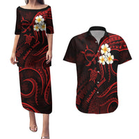 Polynesian Hawaii Couples Puletasi Dress and Hawaiian Shirt Molokai Islands with Pacific Plumeria Red Vibe LT9 - Wonder Print Shop
