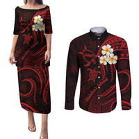 Polynesian Hawaii Couples Puletasi Dress and Long Sleeve Button Shirts Molokai Islands with Pacific Plumeria Red Vibe LT9 - Wonder Print Shop