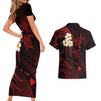 Polynesian Hawaii Couples Short Sleeve Bodycon Dress and Hawaiian Shirt Molokai Islands with Pacific Plumeria Red Vibe LT9 - Wonder Print Shop