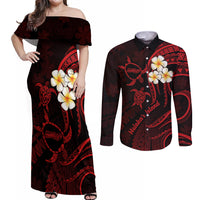 Polynesian Hawaii Couples Off Shoulder Maxi Dress and Long Sleeve Button Shirts Molokai Islands with Pacific Plumeria Red Vibe LT9 - Wonder Print Shop