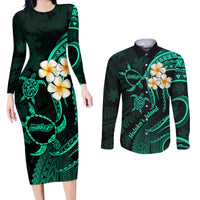 Polynesian Hawaii Couples Long Sleeve Bodycon Dress and Long Sleeve Button Shirts Molokai Islands with Pacific Plumeria Turquoise Vibe LT9 - Wonder Print Shop