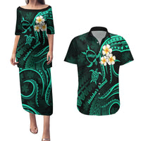 Polynesian Hawaii Couples Puletasi Dress and Hawaiian Shirt Molokai Islands with Pacific Plumeria Turquoise Vibe LT9 - Wonder Print Shop