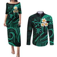 Polynesian Hawaii Couples Puletasi Dress and Long Sleeve Button Shirts Molokai Islands with Pacific Plumeria Turquoise Vibe LT9 - Wonder Print Shop