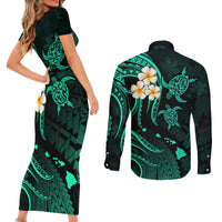 Polynesian Hawaii Couples Short Sleeve Bodycon Dress and Long Sleeve Button Shirts Molokai Islands with Pacific Plumeria Turquoise Vibe LT9 - Wonder Print Shop