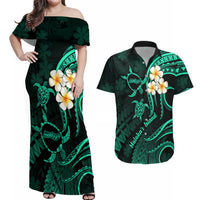 Polynesian Hawaii Couples Off Shoulder Maxi Dress and Hawaiian Shirt Molokai Islands with Pacific Plumeria Turquoise Vibe LT9 - Wonder Print Shop