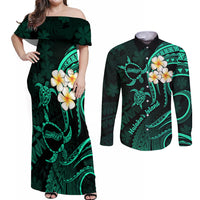 Polynesian Hawaii Couples Off Shoulder Maxi Dress and Long Sleeve Button Shirts Molokai Islands with Pacific Plumeria Turquoise Vibe LT9 - Wonder Print Shop