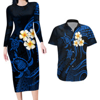 Hawaii Couples Long Sleeve Bodycon Dress and Hawaiian Shirt Lanai Islands Polynesian Sunset Plumeria Blue Vibe LT9 - Wonder Print Shop