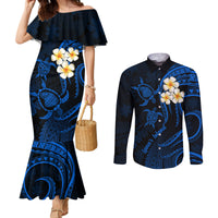 hawaii-couples-mermaid-dress-and-long-sleeve-button-shirts-lanai-islands-polynesian-sunset-plumeria-blue-vibe