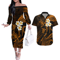 Hawaii Couples Off The Shoulder Long Sleeve Dress and Hawaiian Shirt Lanai Islands Polynesian Sunset Plumeria Gold Vibe LT9 - Wonder Print Shop