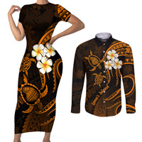 Hawaii Couples Short Sleeve Bodycon Dress and Long Sleeve Button Shirts Lanai Islands Polynesian Sunset Plumeria Gold Vibe LT9 - Wonder Print Shop
