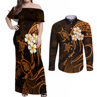 Hawaii Couples Off Shoulder Maxi Dress and Long Sleeve Button Shirts Lanai Islands Polynesian Sunset Plumeria Gold Vibe LT9 - Wonder Print Shop